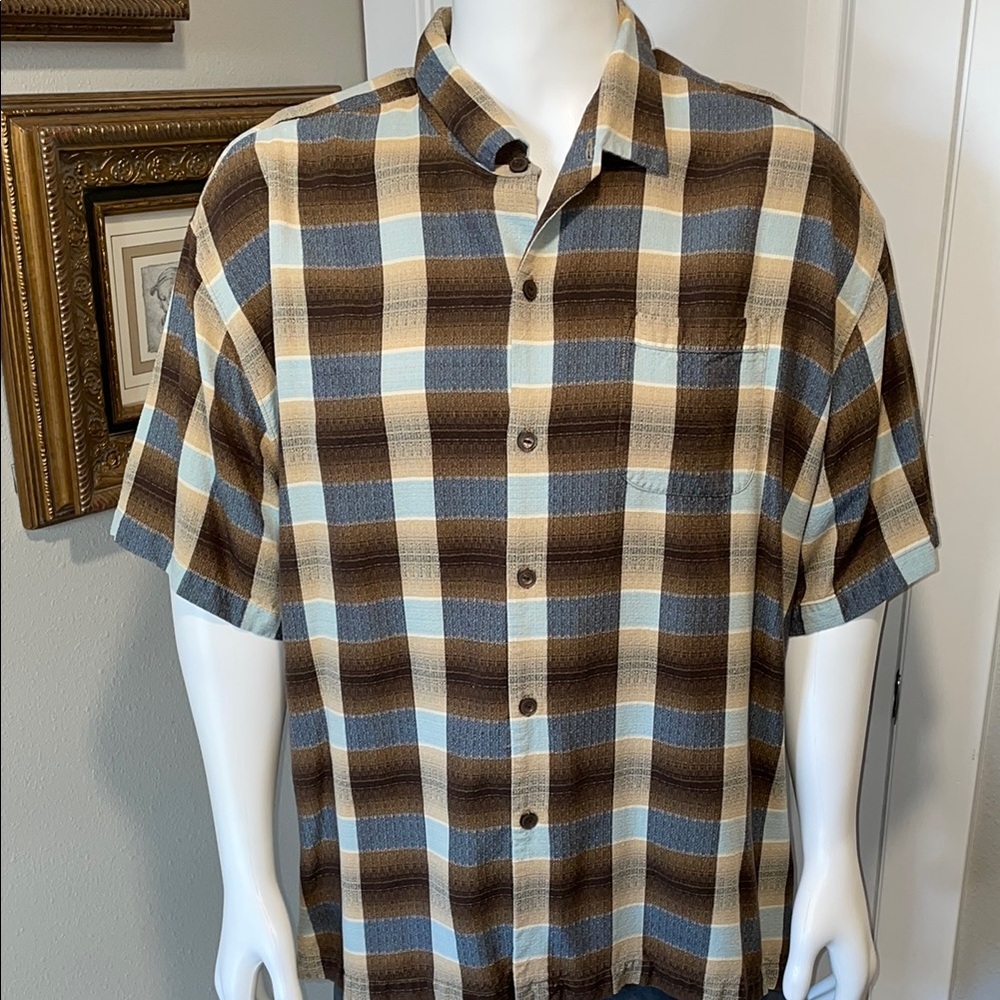 Tommy Bahama Brown and Blue Plaid Casual Silk Button Down Camp Shirt